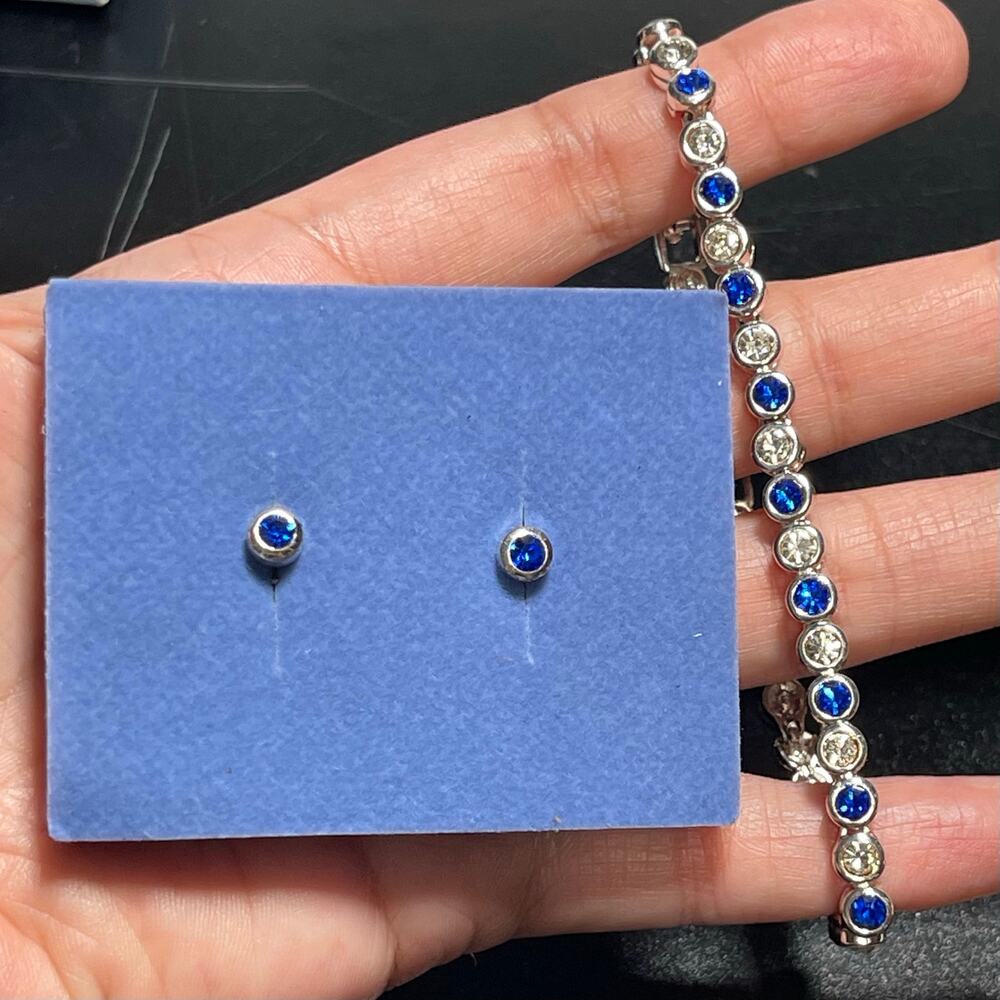 Vtg Avon 2002 Sparkling Sapphire Blue Crystal Tennis Bracelet & Earrings Set